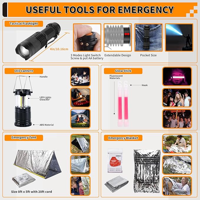 Survival Kit, Gifts for Men Women Teen Boys, 252 pcs Survival Gear and Equipment Mini First Aid Kit for Car Home, Emergency Kit with Molle System for Earthquake, Outdoor Adventure, Car Travel