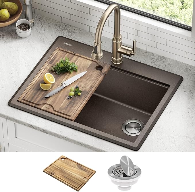 KRAUS Bellucci 28-inch Granite Workstation Drop In Top Mount Single Bowl Kitchen Sink in Metallic Black with Accessories, KGTW12-28MBL