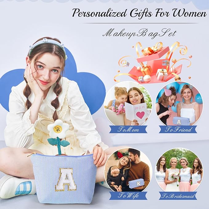 YOOLIFE Teen Girl Gifts Trendy Stuff - Monogram Personalized Makeup Bag | Cosmetic Bag | Travel Toiletry Bag | Gifts for Girls Women Her Mom Bridesmaid Bride Wife Friend Sister Teacher Blue Initial B
