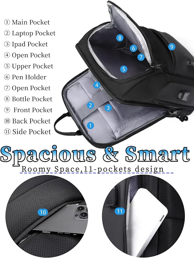 BASICPOWER Sling Bag for Men Women, Shoulder Crossbody Backpack with USB Port, Anti-theft Chest Bag for Business Travel Daily