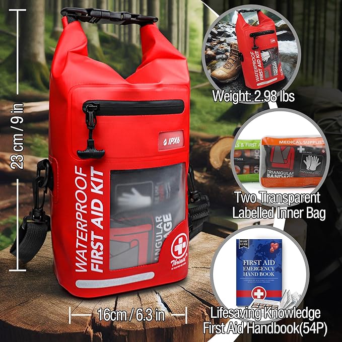 250 PCS Waterproof First Aid Kit, Roll Top Reflective Boat Dry Bag Bug Out Bags, Emergency Medical Kit Ideal for Boating, Camping, Fishing, Kayaking, Floating, Red