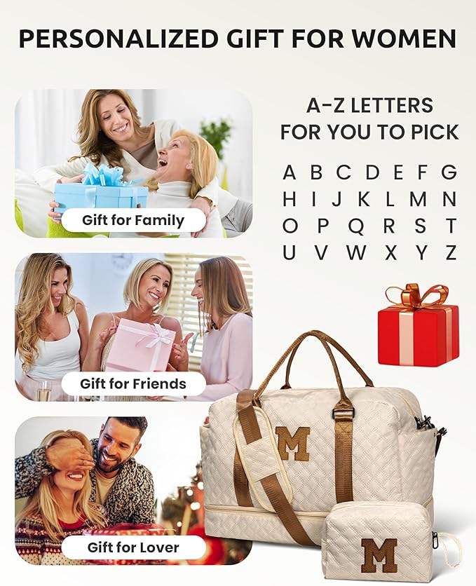Gifts for Girls-Initial Duffle Bag with Shoe Compartment, Personalized Weekender Bag, Monogram Overnight Letter Travel Bag with Makeup Pouch, Tween Girls Trendy Stuff Gift (Letter B)