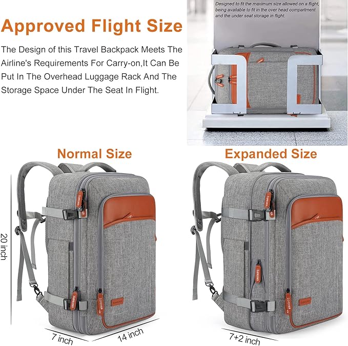 Carry on Travel Backpacks, Extra Large 40L Flight Approved Bag for Men & Women,Expandable Suitcase Backpack With 4 Packing Cubes,Water Resistant Luggage Daypack Business Weekender Bag,Grey