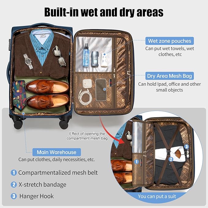 Softside Expandable Luggage with 4 Spinner Wheels, Durable Carry-On Luggage Suicase (Blue, 21-Inch)