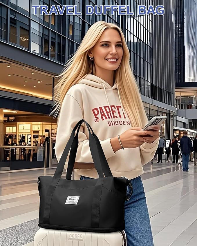Travel Duffel Bag, Sports Tote Gym Bag, Shoulder Weekender Overnight Bag for Women