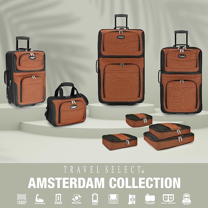 Travel Select Amsterdam 4-Piece Softside Expandable Rolling Luggage Set, Lightweight 2-Wheel Suitcases, Packing Cubes, Travel Tote, Durable Polyester Construction, Orange