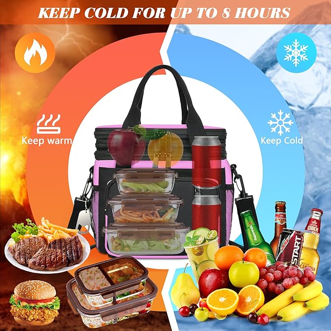 Insulated Lunch Bag Women | Large Adult Lunch Box | Double-Layer Reusable Lunch Bags | Leak-Proof Tote Cooler Bag for Work Picnic Outdoors | 16L, Pink
