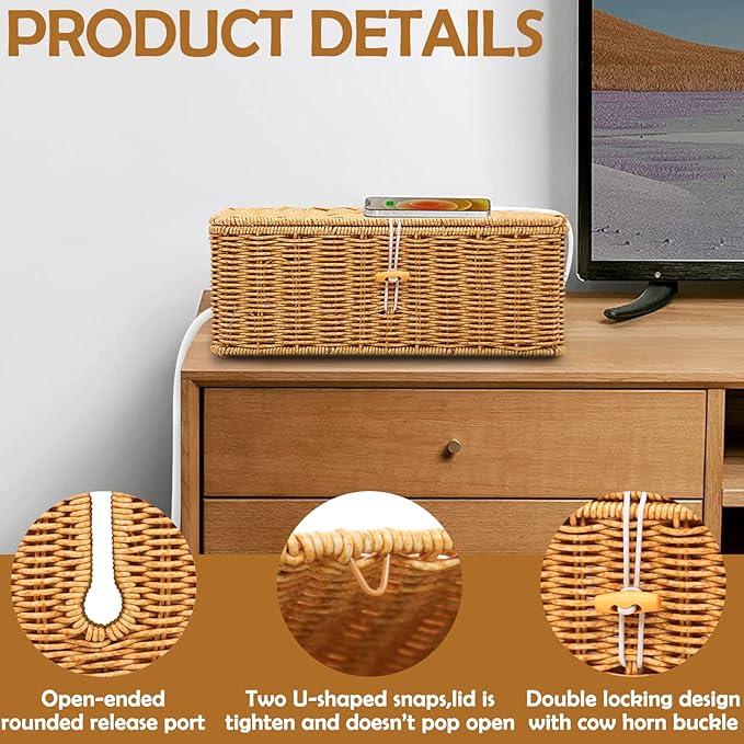 2PCS Cable Management Box, Handmade Rattan Cable Organizer, Open Slots Cords Hider Box, Under Desk Cord Organizer for Computer Router USB Hub & Power Strip