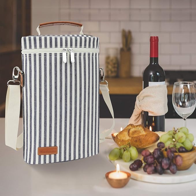 ZORMY 2 Bottle Wine Tote Carrier, Dark Blue, 750 mL Capacity, Polyester Material, With Shoulder Strap and Corkscrew
