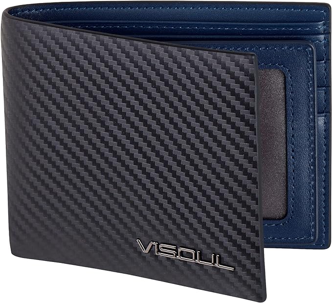 VISOUL Leather Mens Bifold RFID Blocking Wallet with 2 ID Windows, Leather Wallet for Men (Carbon Fiber, Black+Blue)