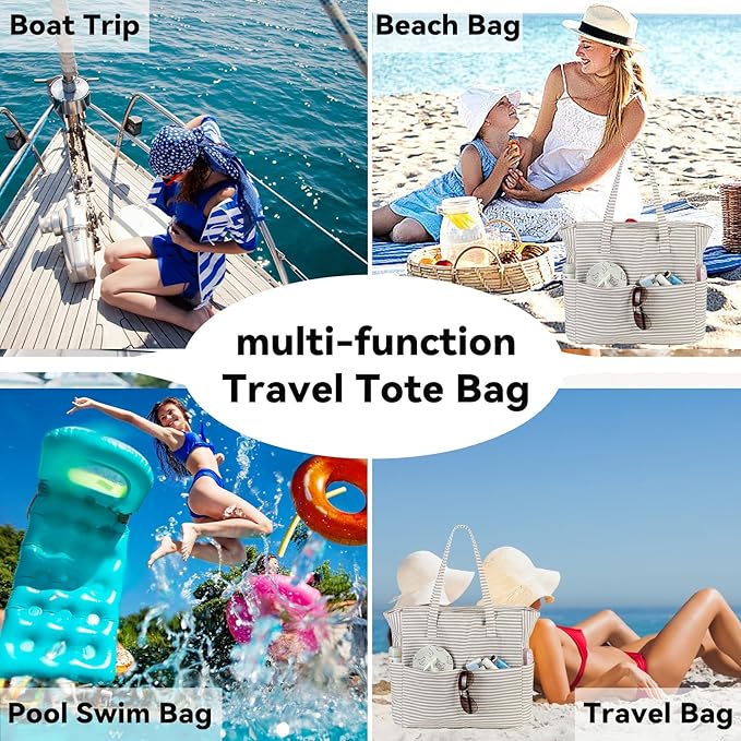LEDAOU Beach Bag Waterproof Sandproof Women Tote Bag Pool Bag with Zipper for Gym Grocery Travel with Wet Pocket