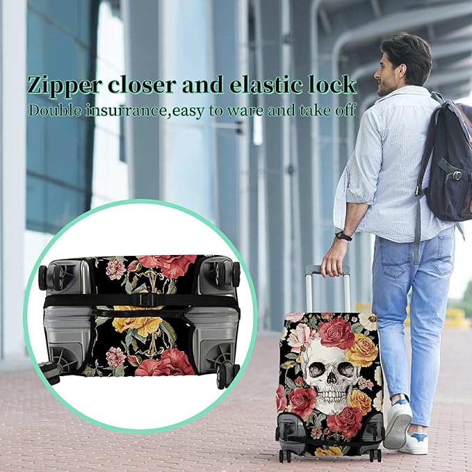 Luggage Cover Suitcase Protector Plus 1 Luggage Tag, Sugar Rose Skull Travel Suitcase Cover for 26-28 inch Luggage (L) with Concealed Zipper Washable Elastic Cloth Dustproof Anti-Scratch