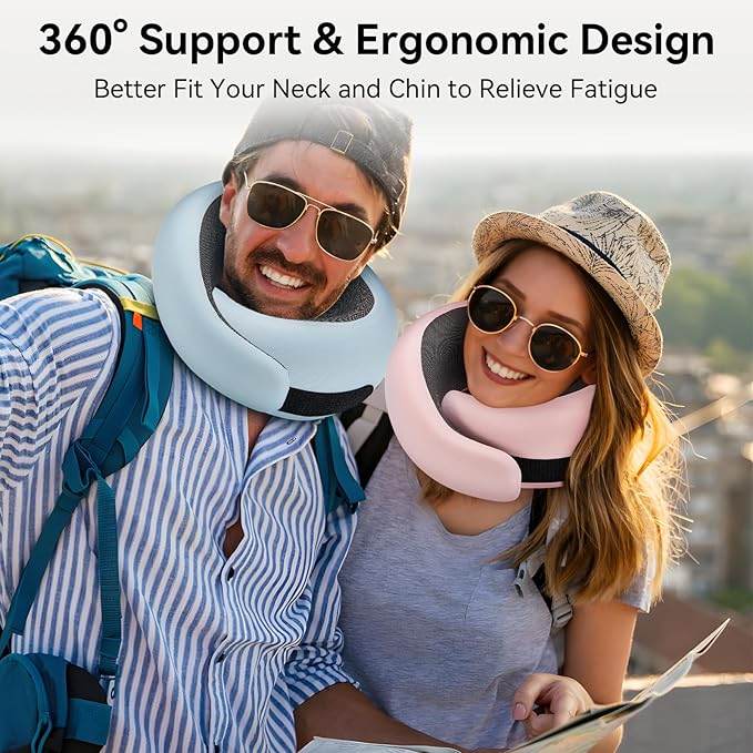 WANDER PLUS® Genuine Travel Pillow, 100% Pure Memory Foam Neck Pillow for Airplanes, Comfortable Breathable Cover, 360° Support Stowable Pillows for Sleeping, Car, Airport Travel Essentials Sky Blue