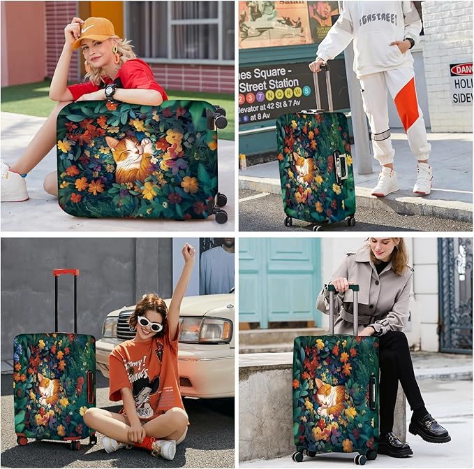 ANNA QUEEN Dreamy Cat Luggage Cover, Cat Sleeping in a Flower Field Design, Stretchable, Washable Travel Protector for 28-30 Inch Luggage