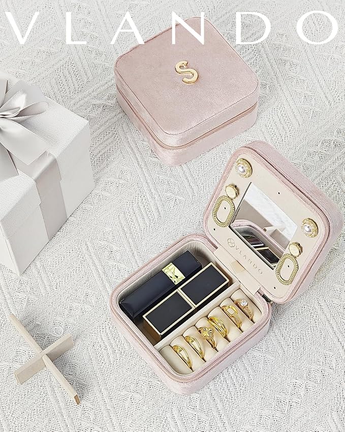 Vlando Jewelry Case for Girls & Women, Pink Travel Jewelry Box - Must Haves, Small Case for Travel & Gifts - Letter H