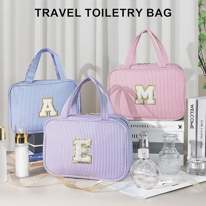 TOPEAST Travel Toiletry Bag for Women - Hanging Toiletry Bag Initial Makeup Bag, Portable Toiletries Cosmetic Bag, Airplane Travel Essentials - Letter I, Pink