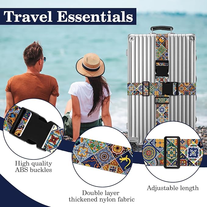 Boho Luggage Straps for Suitcases TSA Approved, Luggage Identifiers for Suitcase, Adjustable Suitcase Strap for Baggage Security with Cute Patten, Travel Necessary Accessories (2Pack)