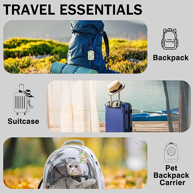 2 Pcs Pink Flamingo Luggage Tags for Suitcases Tropical Flowers and Palm Leaves PU Leather Baggage Tags Name ID Label with Privacy Cover and Stainless Steel Loop for Men Women Travel Bag Suitcase