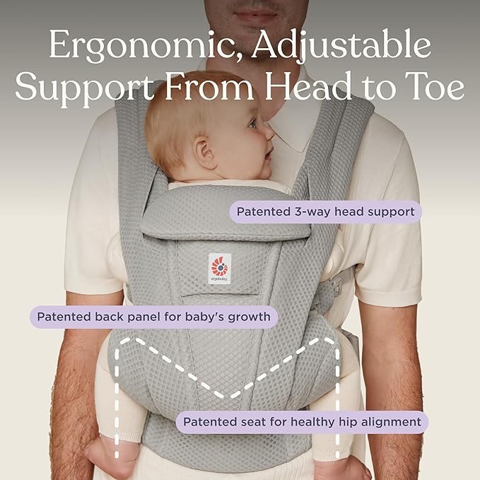 Ergobaby Omni Deluxe Baby Carrier Newborn to Toddler - Breathable Baby Carriers for Summer - All-Position Carrier with Enhanced Lumbar Support & Airflow (7-45 Pounds), Cotton, Pearl Grey