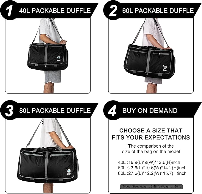 Bago Foldable Duffel Bags for Traveling Women & Men - 40L Sports Packable Duffle Bag for Travel with Shoe Compartment - Water Repellant, Heavy Duty, Lightweight Folding & Collapsible (SnowBlue)