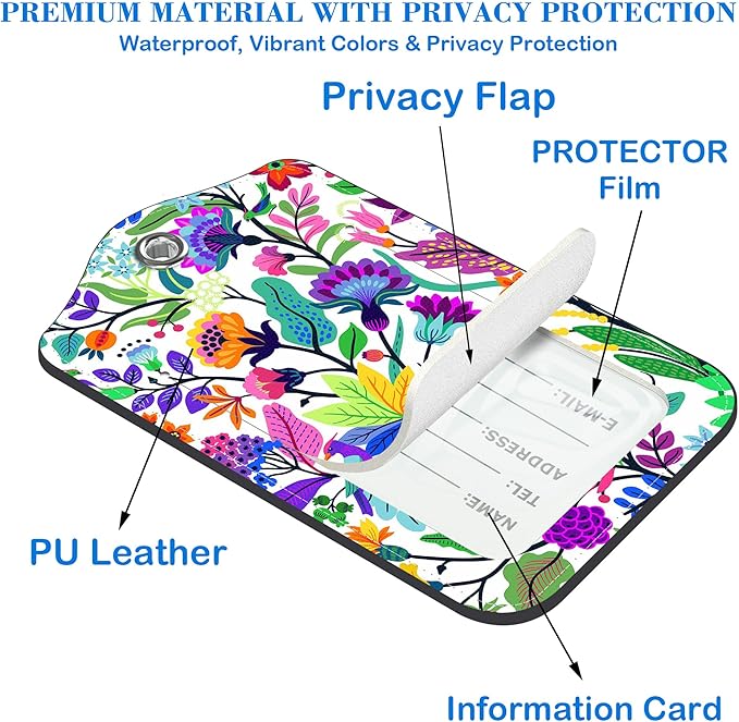 Colorful Flowers and Tropical Leaves Luggage Tags for Suitcases Leather Travel Tags for Luggage ID Label with Privacy Cover and Stainless Steel Loop for Men Women Suitcase Backpack, Set of 2