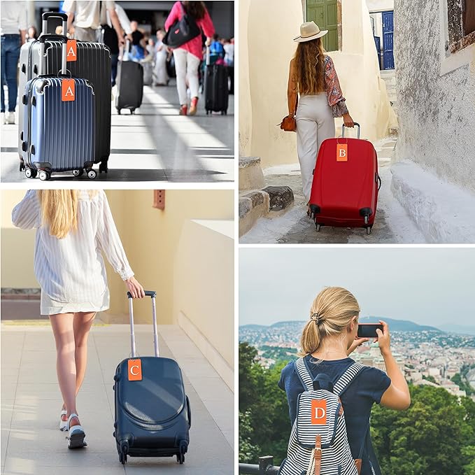 Gostwo 2 Pack Luggage Tags for Suitcases, 26 Initial Letter Travel Luggage Baggage Identification Labels ID Tag Fully Bendable Tags with Stainless Steel Loop (Orange) (Letter G)