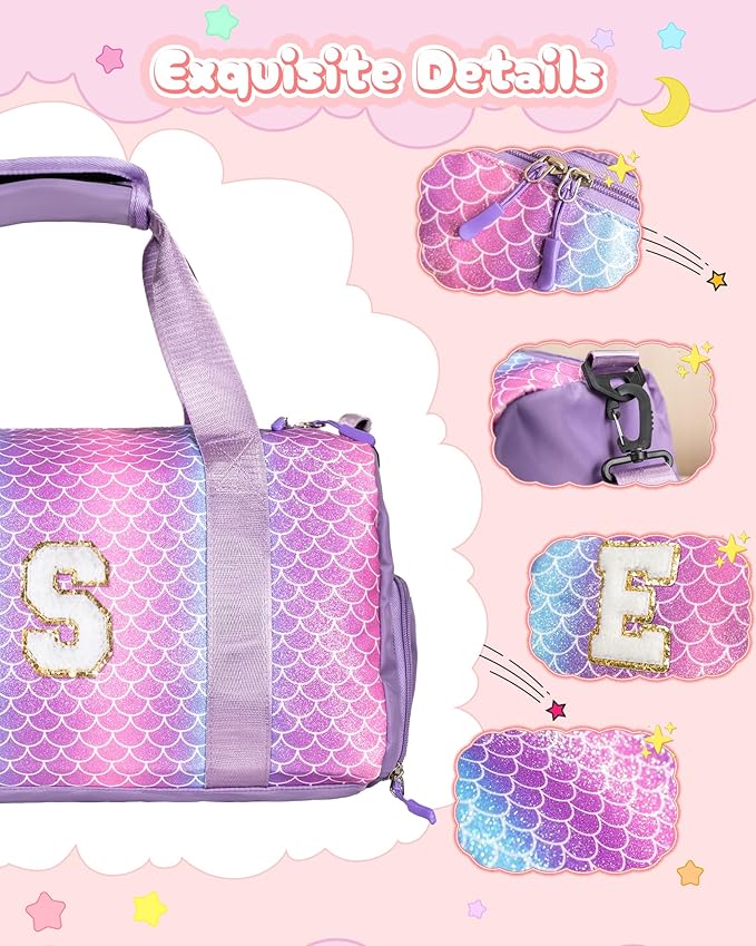8 Year Old Girl Birthday Gift -Girl Gym Bag with Shoe Compartment, Kid Personalized Weekender Pool Bags, Initial Travel Tote with Makeup Pouch, Valentines Day Gift for Girls (Letter R)
