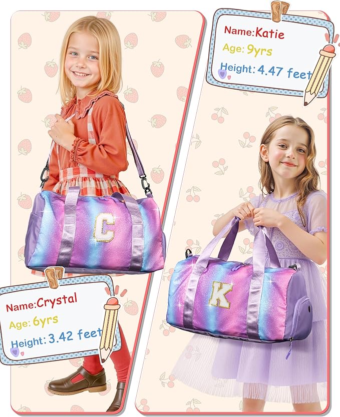 Girls Cheer Up Gifts-Girl Gym Bag with Shoe Compartment, Kid Personalized Weekender Ballet Bags, Initial Travel Tote with Makeup Pouch, Dance Gift for Niece Kids Daughter (Letter K)