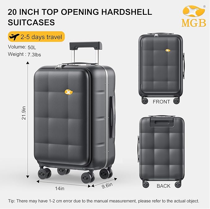 MGB 20 Inch Top Open Carry On Luggage 22x14x9 Airline Approved, Hard Shell Carry On Suitcase with Spinner Wheels, Travel Small Luggage Built-in TSA Lock for Women Men Gifts (Charcoal Grey)