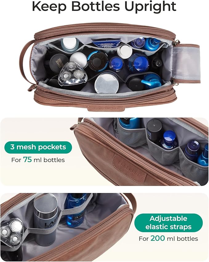 BAGSMART Toiletry Bag for Men, PU Leather Travel Bag for Toiletries, Dopp Kit Water Resistant Shaving Bag for Bathroom Shower-Dark Brown