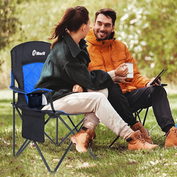 EMERIT Oversized Padded Camping Chair, 350LB Heavy Duty Quad Fold Chair with Arms, Collapsible Outdoor Chairs with Lumbar Back & Cup Holder