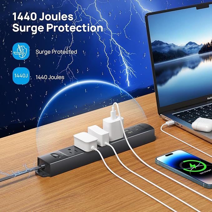 TROND Flat Plug Power Strip USB-10ft Flat Extension Cord Surge Protector Wall Mount, 2 USB C & 2 USB A Ports with Multiple Outlets, 1440J, 1625W for Office Supplies Dorm Room Essentials, Black