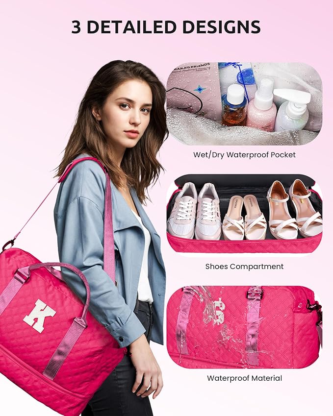 Personalized Women Gifts, Gifts for Women-Initial Travel Bag with Shoe Compartment, Personalized Weekender Bag, Monogram Overnight Bag for Women, Letter Travel Bag with Makeup Bag (Letter K)