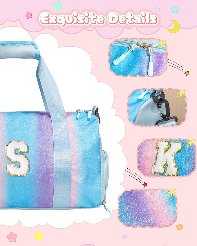 Girls Day Gifts for Kids-Girl Gym Bag with Shoe Compartment, Kid Personalized Weekender Overnight Bags, Initial Travel Tote with Makeup Pouch, Valentines Day Gift (Letter P)