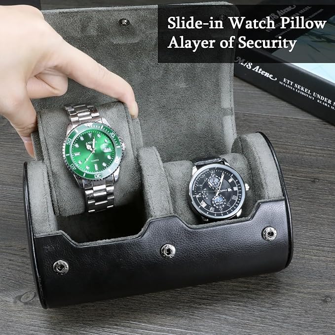 Travel Watch Case - Two Watch Roll Storage Box Organizer for Men's Women's Wristwatches & Smart Watches up to 50mm (Black / 2 Slot)