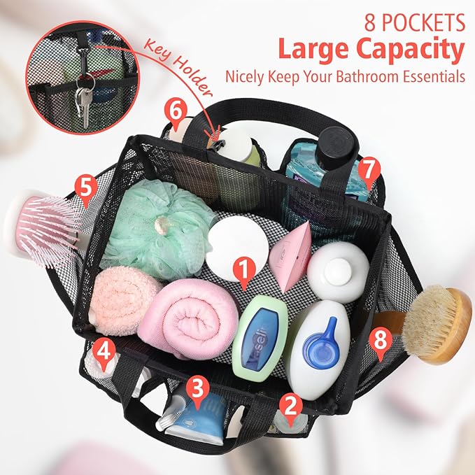 F-color Mesh Shower Caddy Portable, Upgrade Deeper 7 Pockets Shower Bag Basket Tote for College Dorm Room Toiletry Bathroom Essentials Gym Camp Quick Dry 2 handles with S Hook, Black