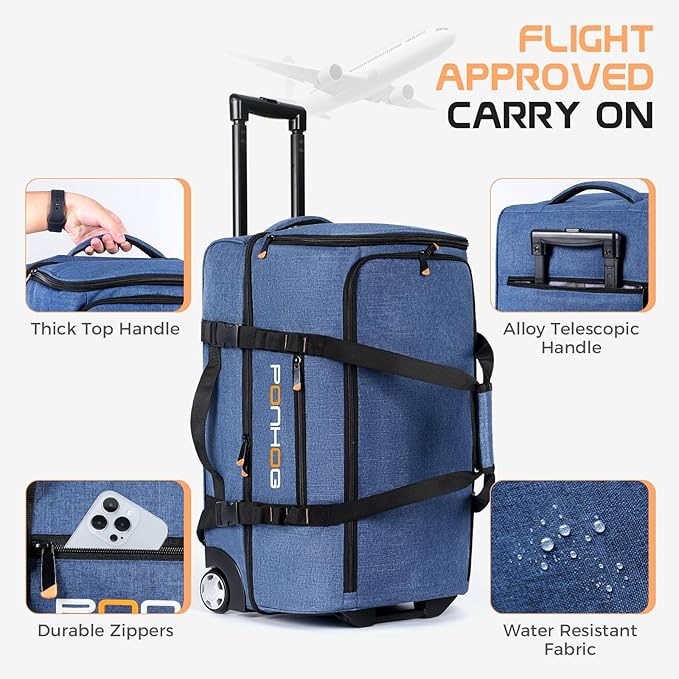 Rolling Duffle Bag with Wheels, Large Travel Duffel Bag with Shoe Compartment, Water Resistant Rolling Wheeled Luggage for Men Women Weekender Overnight Trip