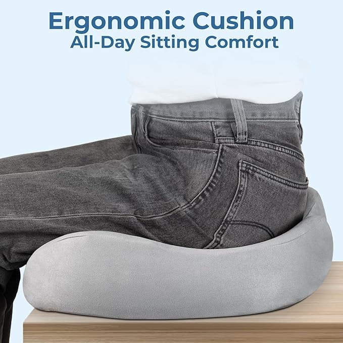 5 STARS UNITED Seat Cushion for Tailbone Pain Relief – Large Memory Foam Cushion for Coccyx, Hip, Sciatica & Post-Surgery Recovery – Wheelchair, Car, Desk, Gaming & Office Chairs, Light Gray