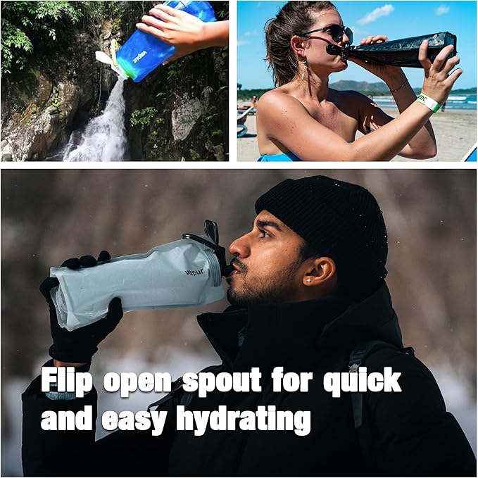 Vapur Collapsible Water Bottle With Carabiner, Compact Bottle Folds Flat For Hydration On The Go, Ideal for Traveling, Hiking or Camping, 23 Ounce, Water Blue, Pack of 1