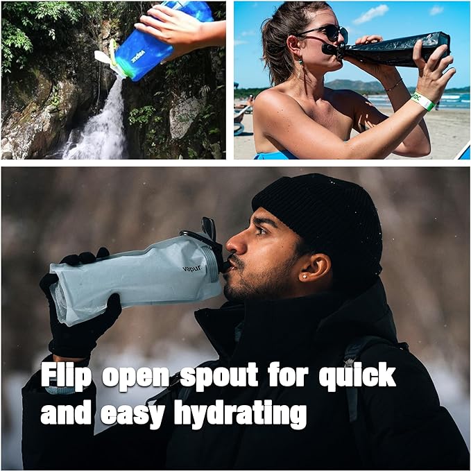 Vapur Collapsible Water Bottle With Carabiner, Compact Bottle Folds Flat For Hydration On The Go, Ideal for Traveling, Hiking or Camping, 34 Ounce, Blue, Pack of 1