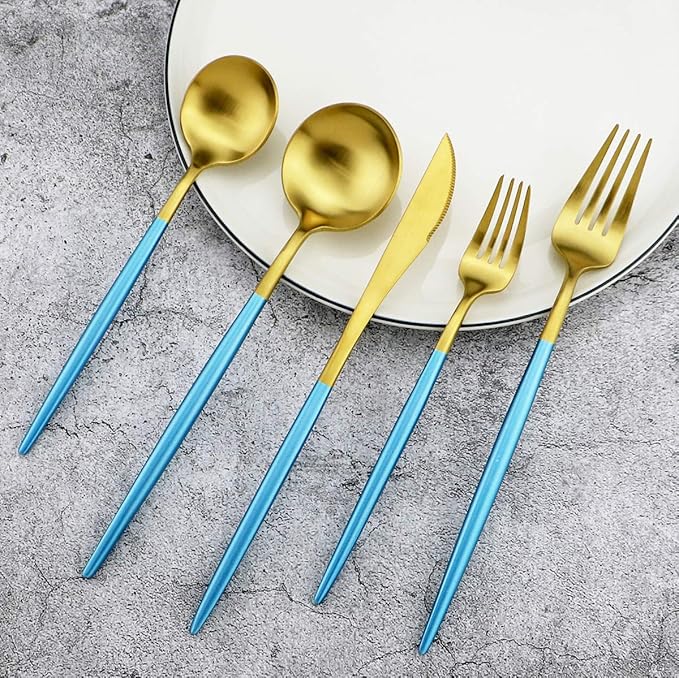 Gugrida Blue Handle Matte Gold Silverware Set - 5-Piece 18/10 Stainless Steel Satin Finish Flatware, Kitchen Utensils, Tableware Travel Cutlery for Camping, Office, School Lunch - Dishwasher Safe