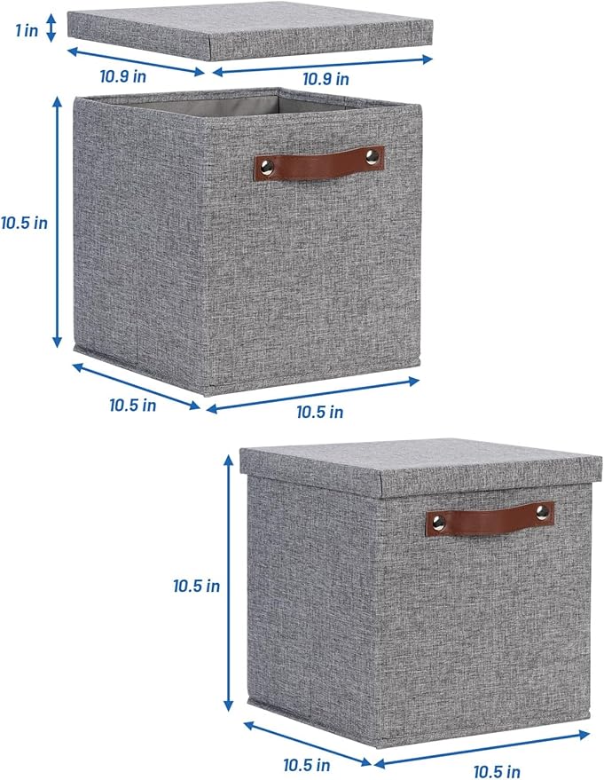 Temary Foldable Fabric Storage Bins with Lids, 2-Pack Storage Bin for Organizing Living Room, Closet Organization, Multi-Purpose Storage Boxes for Clothes (Grey, 10.5x10.5x10.5 inch)