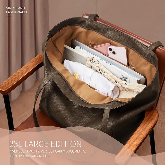 KALIDI Large Tote Bag Vegan Leather Casual Zipper Work Bag Weekender Hobo for Women 23L Oversize Shoulder Travel Purse
