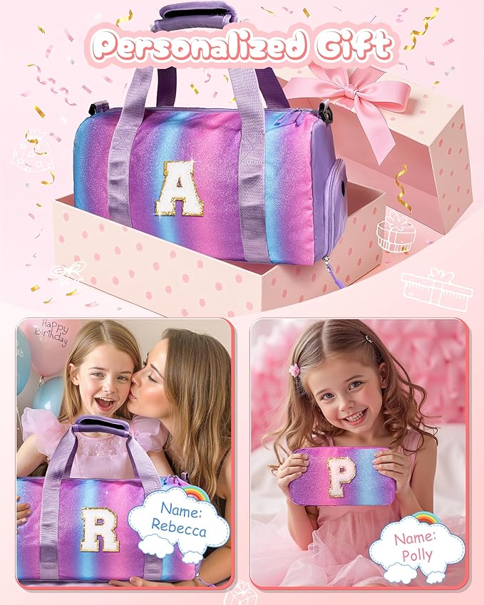 Dorm Room Essentials for Girls-Girl Gym Bag with Shoe Compartment, Kid Personalized Weekender Overnight Bags, Initial Travel Tote with Makeup Pouch, Preppy Stuff Gifts for Kids (Letter F)