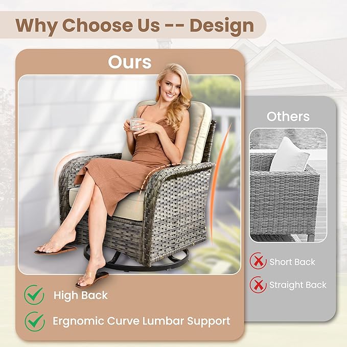 HOOOWOOO Patio Furniture Set,5 Pieces Outdoor Conversation Set,All Weather Wicker Loveseat Sofa Set with High Back Swivel Rocking Chairs Tables,Beige