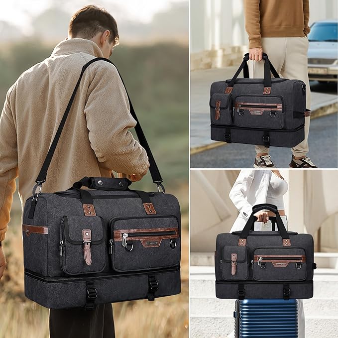WITZMAN Canvas Weekender Bag Mens Overnight Bag for Traveling Carry on Duffle Bags with Shoes Compartment（A8010 Black）