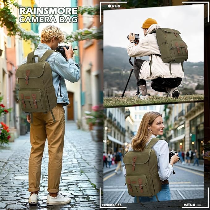 RAINSMORE Camera Bag Backpack for DSLR/SLR Mirrorless 15.6 Inch Laptop Camera Back Pack for Photographers Anti-Theft Photography Bags Case with Tripod Holder & Rain Cover, Green