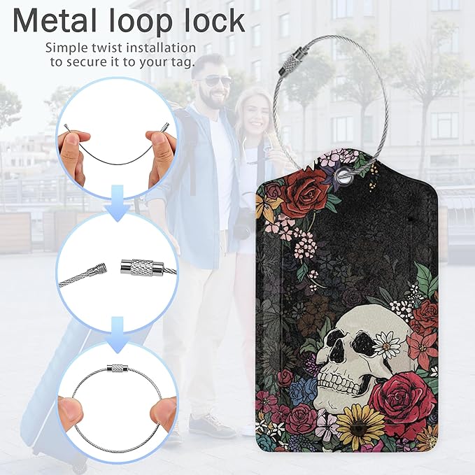 Skull Flowers Luggage Tags,2 Pack Luggage Tag,Leather Privacy Cover ID Label with Stainless Steel Loop for Women Men Kids Girls Travel