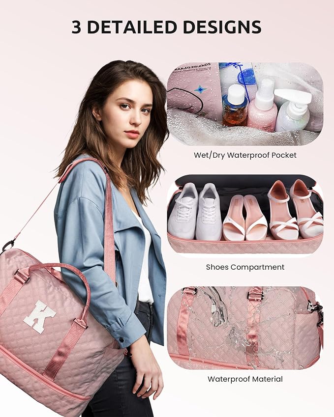Birthday Gifts for Women-Initial Duffle Bag with Shoe Compartment, Personalized Weekender Bag, Monogram Overnight Bag, Letter Travel Bag with Makeup Bag，Preppy Gifts for Girl (Letter V)