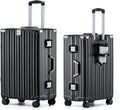 HotWay 26 Inch Aluminum Frame Luggage with Spinner Wheels, PC Hard Shell Suitcase with Cup Holder, Zipperless Luggage for Business Travel, Black